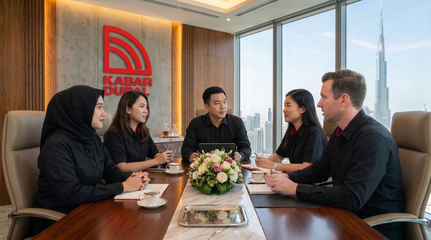 Tim Kabar Dubai berdiskusi di kantor dengan latar Burj Khalifa